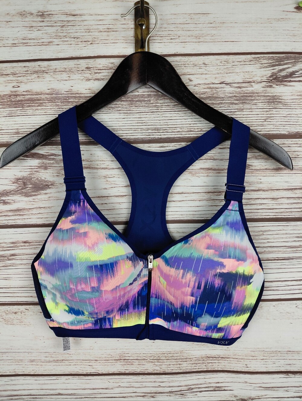 VSX Sport Victorias Secret 36D Multicolored/Navy Underwire Front Zip Sports Bra